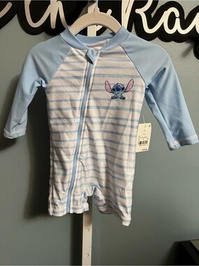 Disney Baby Stitch Light Blue Striped Baby Rashguard Full Zip Romper NWT